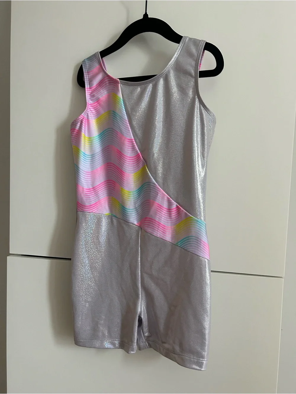 Capezio Wave Silver Sparkle Leotard with Pastel Rainbow Accents - Child’s Large